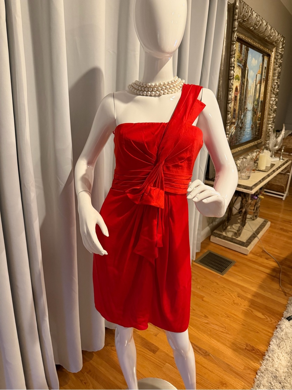 BCBG One-Shoulder Red Cocktail Dress with Draped Knot